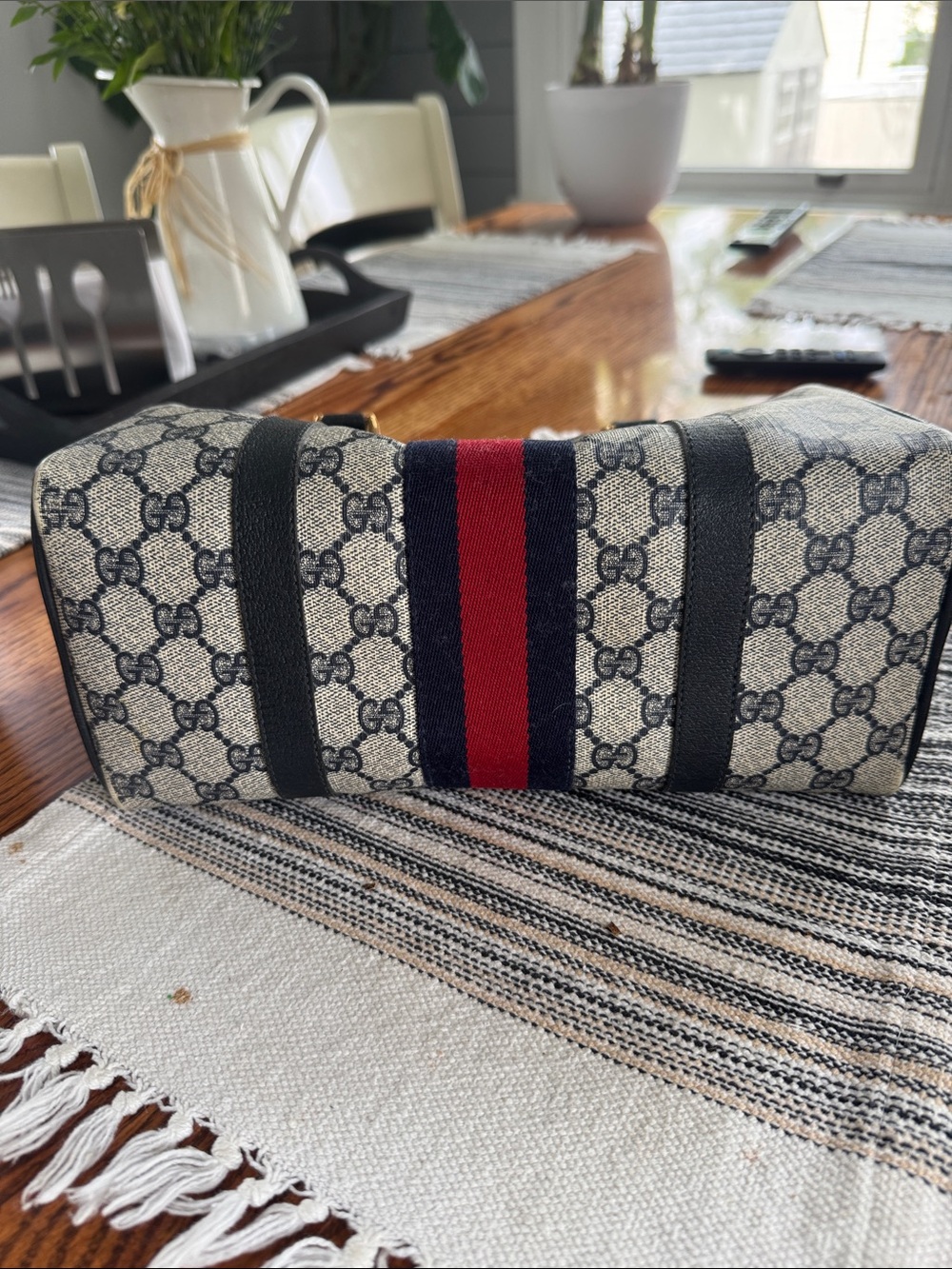 Gucci Beige/Blue/Red Monogram Top-Handle Satchel - Picture 3 of 3